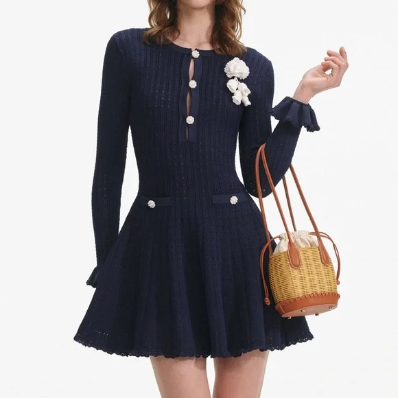 Self-Portrait NWOT NAVY POINTELLE KNIT CROCHET FLOWER MINI DRESS - Picture 2 of 6